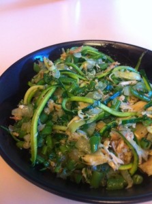 Zoodles, green beans, sweet onion, cilantro and cooked chicken, all sautéed together.
