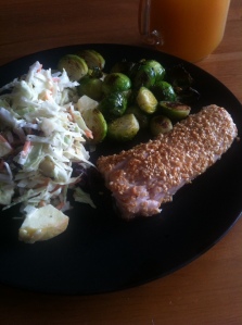 Coleslaw w/ homemade dressing, roasted bsprouts & sesame crusted mahi mahi.  This dinner was SO easy!