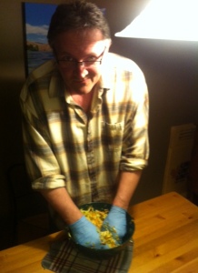 My own personal "cabbage crusher".  He's a good man, helping to make something he can't stand to be in the same room as! 
